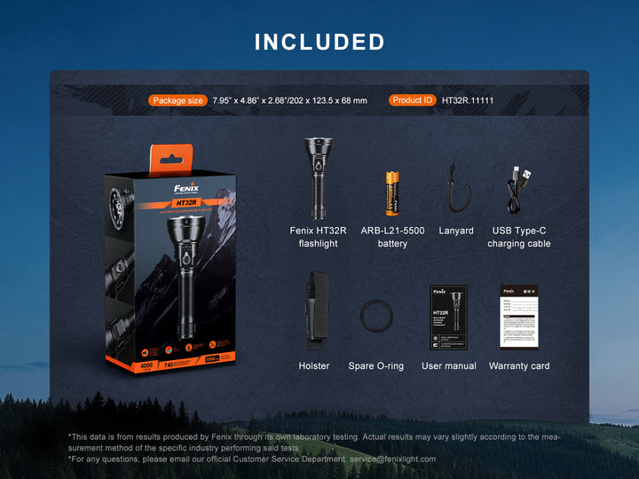 Fenix HT32R package contents: flashlight, ARB-L21-5500 battery, lanyard, USB-C charging cable, holster, spare O-ring, user manual and warranty card