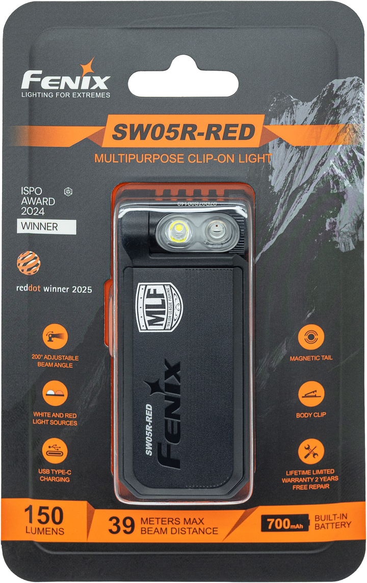 Fenix SW05R-RED clip-on light packaging with product and branding details.