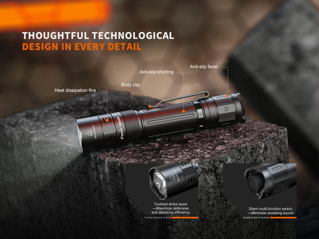 Fenix PD32R Flashlight on a concrete block with graphics identifying key features