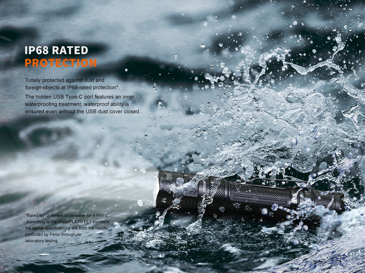 Fenix PD32R Flashlight in water to show its waterproof rating