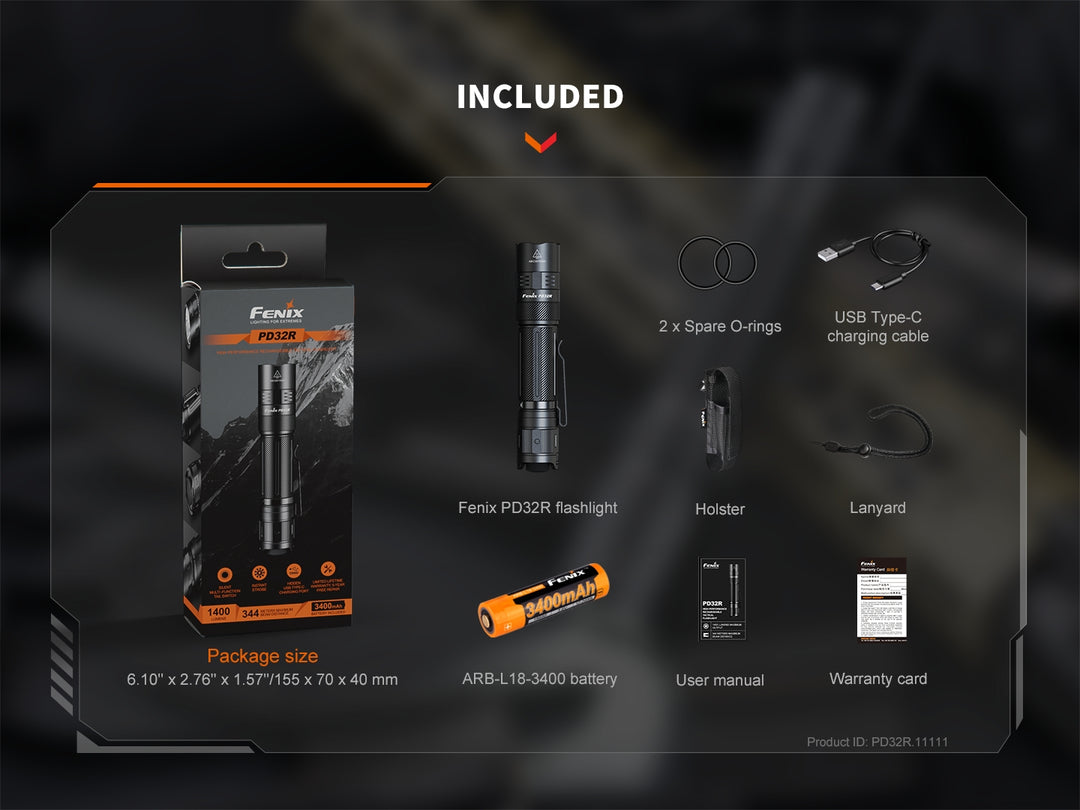 Everything included with the purchase of aFenix PD32R Flashlight 