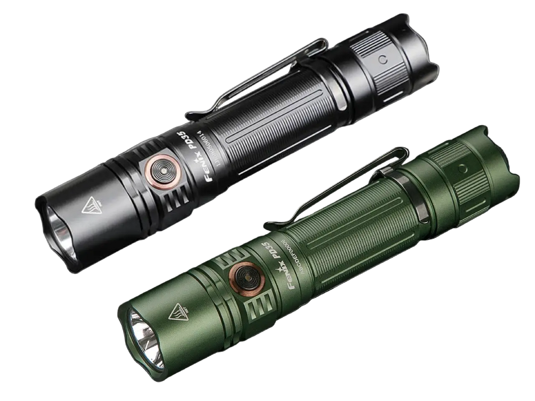 Two Fenix PD35 V3 flashlights, one black and one green, on a white background