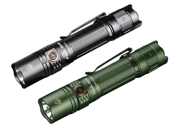 Two Fenix PD35 V3 flashlights, one black and one green, on a white background