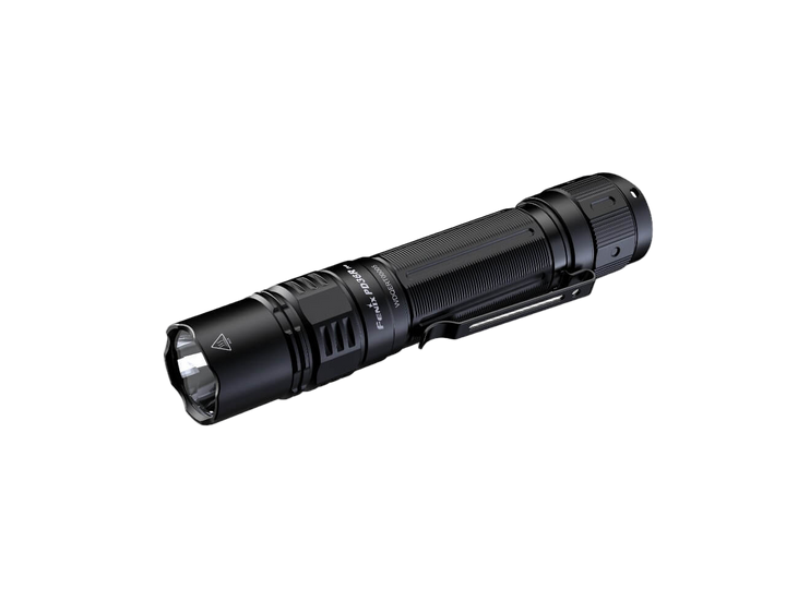 Black fenix pd36r pro flashlight on a white background