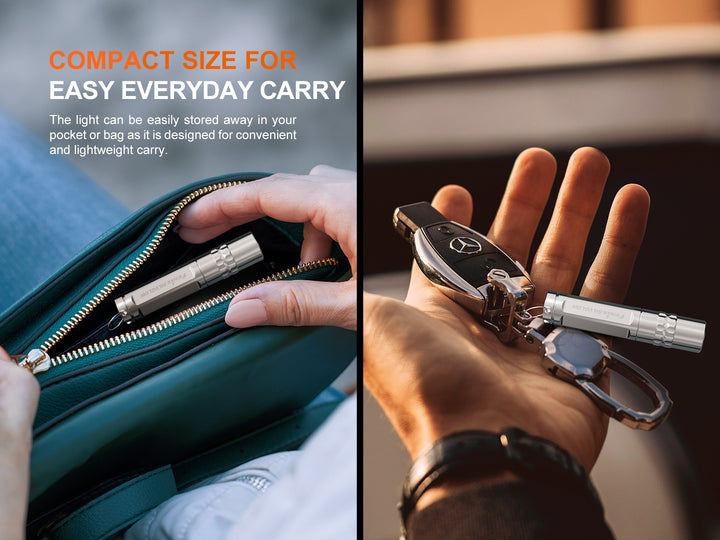 fenix-silvglow-flashlight attached to a keyring and placed in a small bag