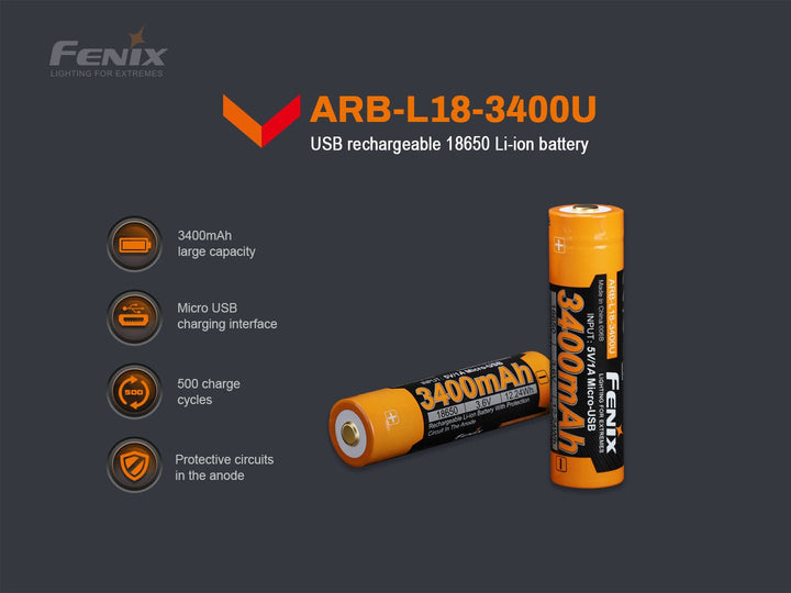 Fenix ARB-L18-3400U Micro-USB Rechargeable 18650 Battery - Fenix Store