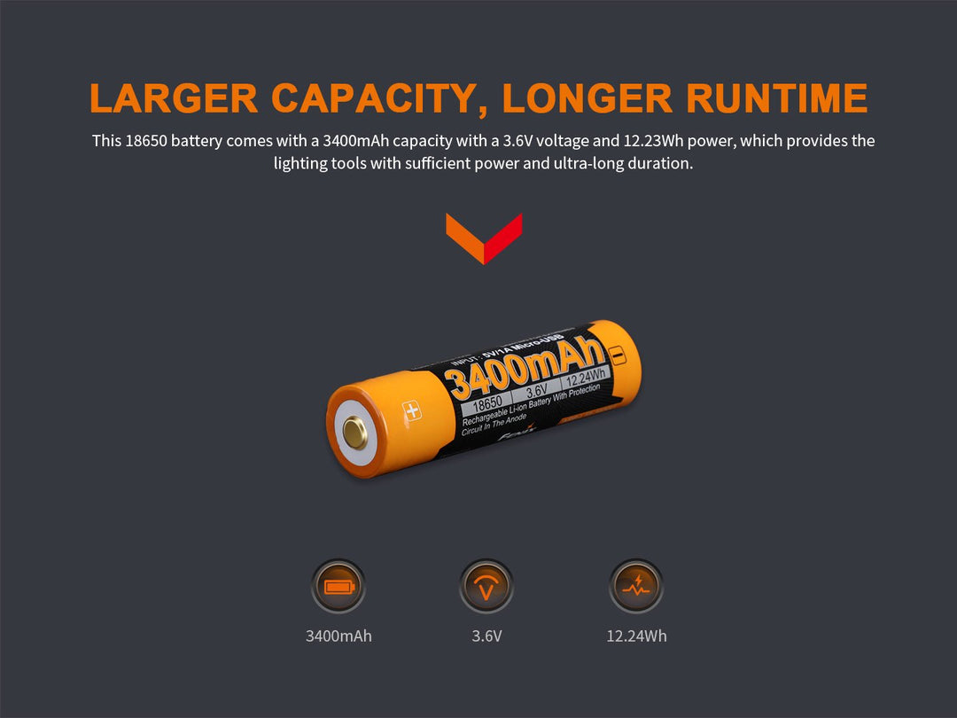 Fenix ARB-L18-3400U Micro-USB Rechargeable 18650 Battery - Fenix Store