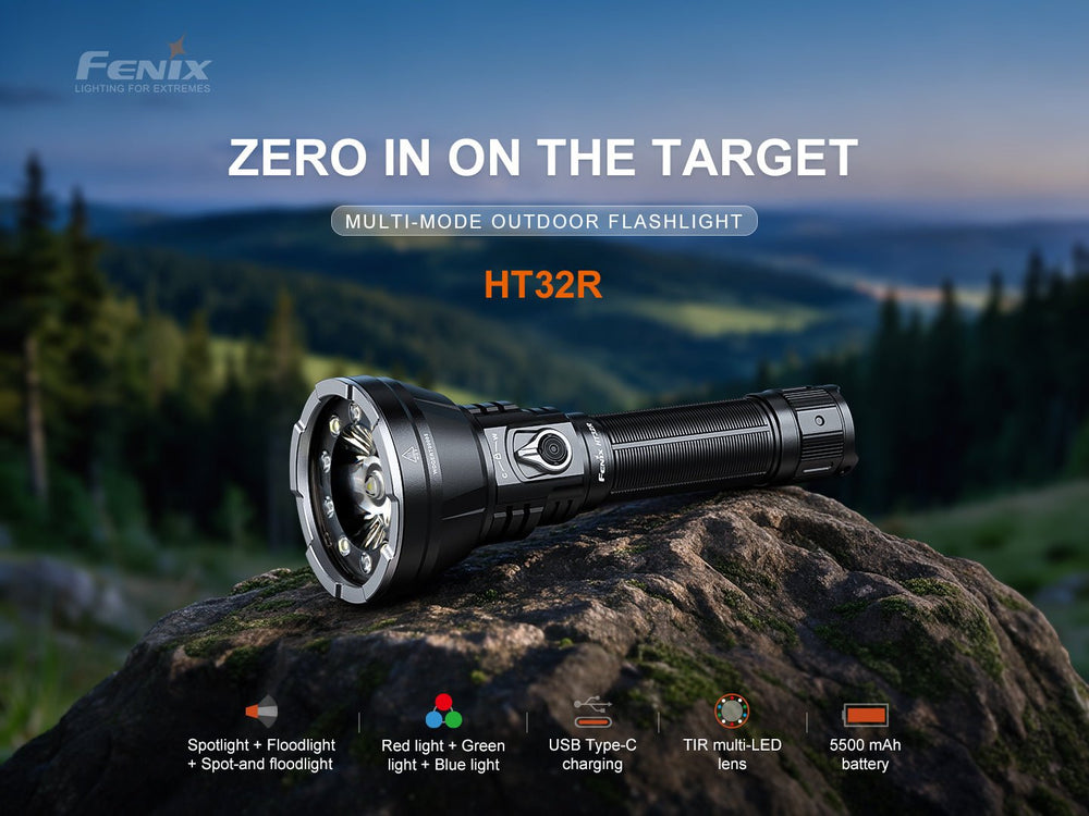 Fenix HT32R multi-mode outdoor flashlight on a rock at dusk, with icons for spotlight and floodlight, red green and blue light, USB-C charging, TIR multi-LED lens and 5500 mAh battery