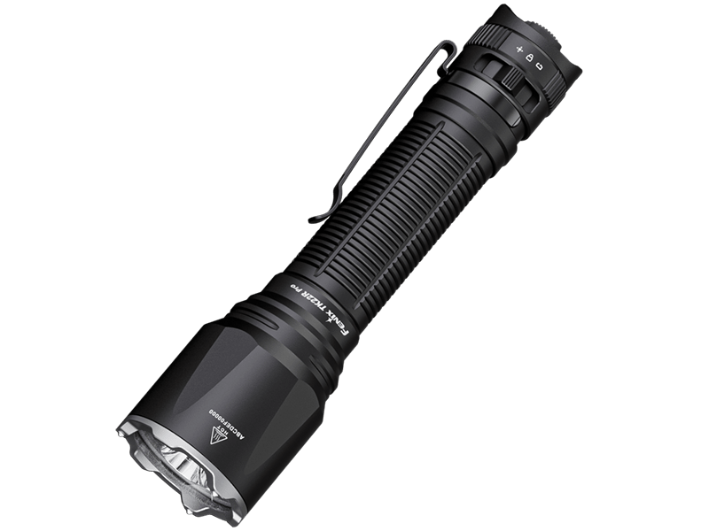 Fenix TK22R Pro tactical flashlight, angled view of the body, pocket clip and tail toggle switch