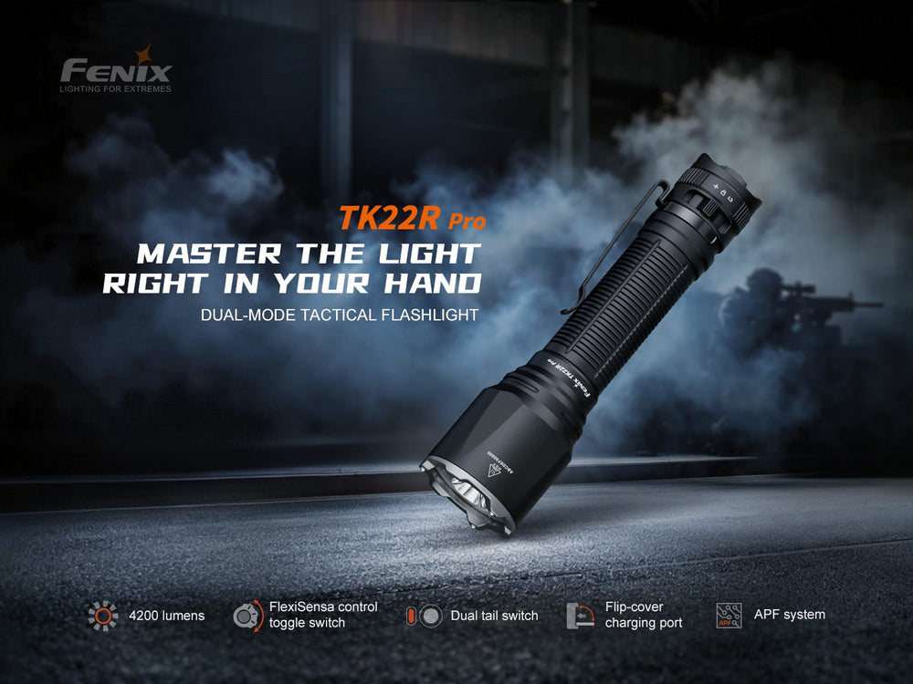 Fenix TK22R Pro dual-mode tactical flashlight: 4200 lumens, FlexiSensa control toggle switch, dual tail switch, flip-cover charging port, APF system