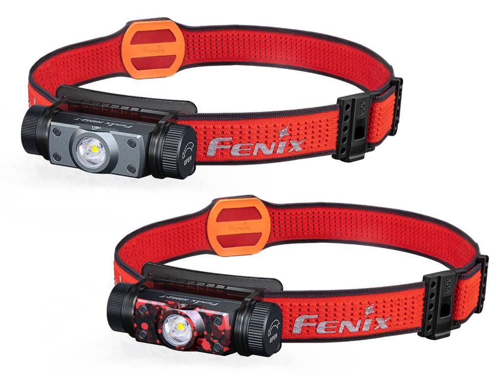 Two Fenix HM62-T lightweight trail running headlamps with red straps and black magnesium bodies.