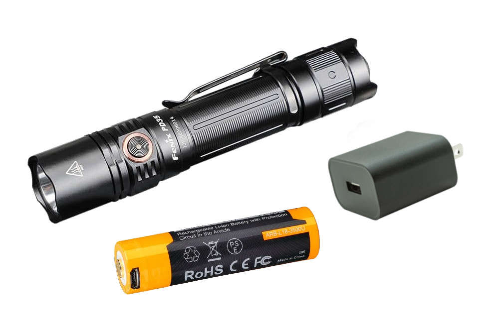 Black flashlight with battery and charger on a white background