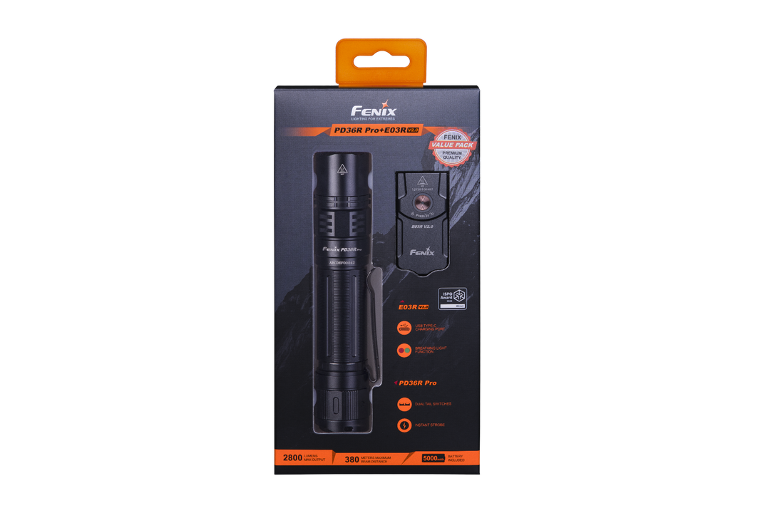 Fenix PD36R Pro 2800 Lumen Flashlight + E03R V2 Bundle -- OPEN BOX