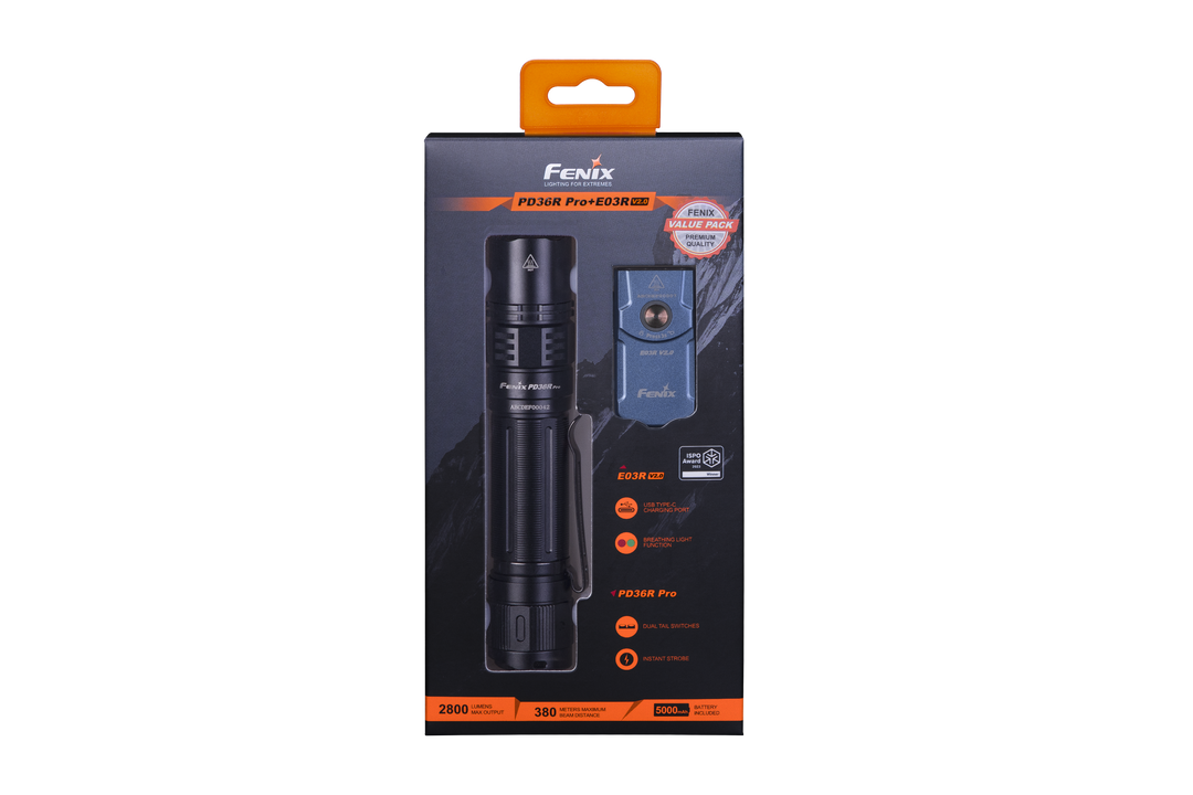 Fenix PD36R Pro 2800 Lumen Flashlight + E03R V2 Bundle -- OPEN BOX
