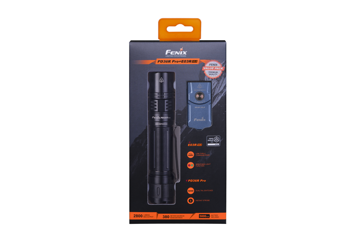 Fenix PD36R Pro 2800 Lumen Flashlight + E03R V2 Bundle -- OPEN BOX