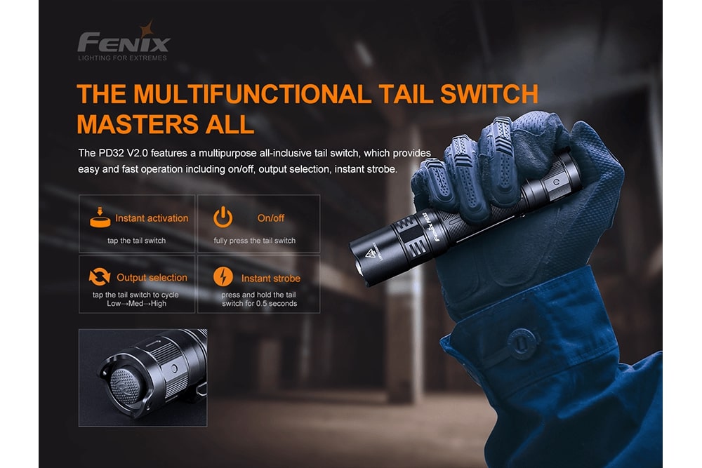 Showing the multifunctional tail switch of the Fenix PD32 V2 