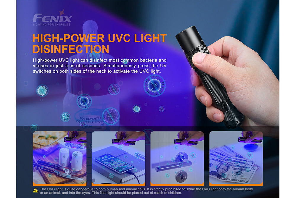 Linterna Fénix LD32 UVCcon rayos ultravioleta para desinfección Covid