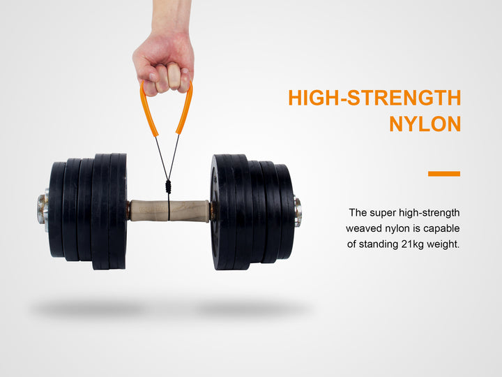 ALL-01 Fenix Flashlight Lanyard used to pick up a large dumbbell to display its strength