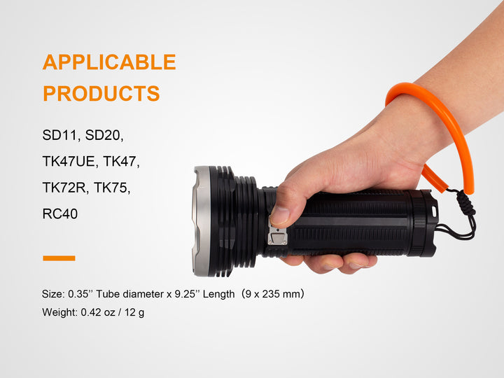 The ALL-01 fenix flashlight Lanyard used on a flashlight with text showing the compatible flashlight models