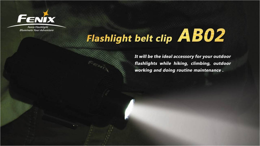 Fenix AB02 Belt Clip Holster attached to belt with flashlight on