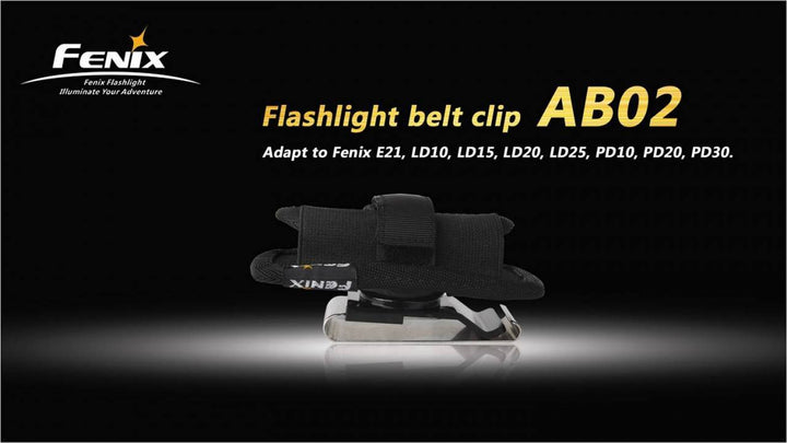Fenix AB02 Belt Clip Holster with text showing compatible models