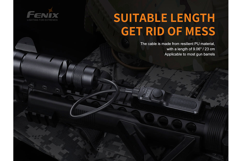 Fenix AER-02 V2 Tactical Remote Pressure Switch on a weapon with text explaining its short cable length