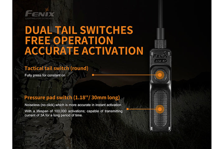 Text explaining the dual switches of the Fenix AER-02 V2 Tactical Remote Pressure Switch 