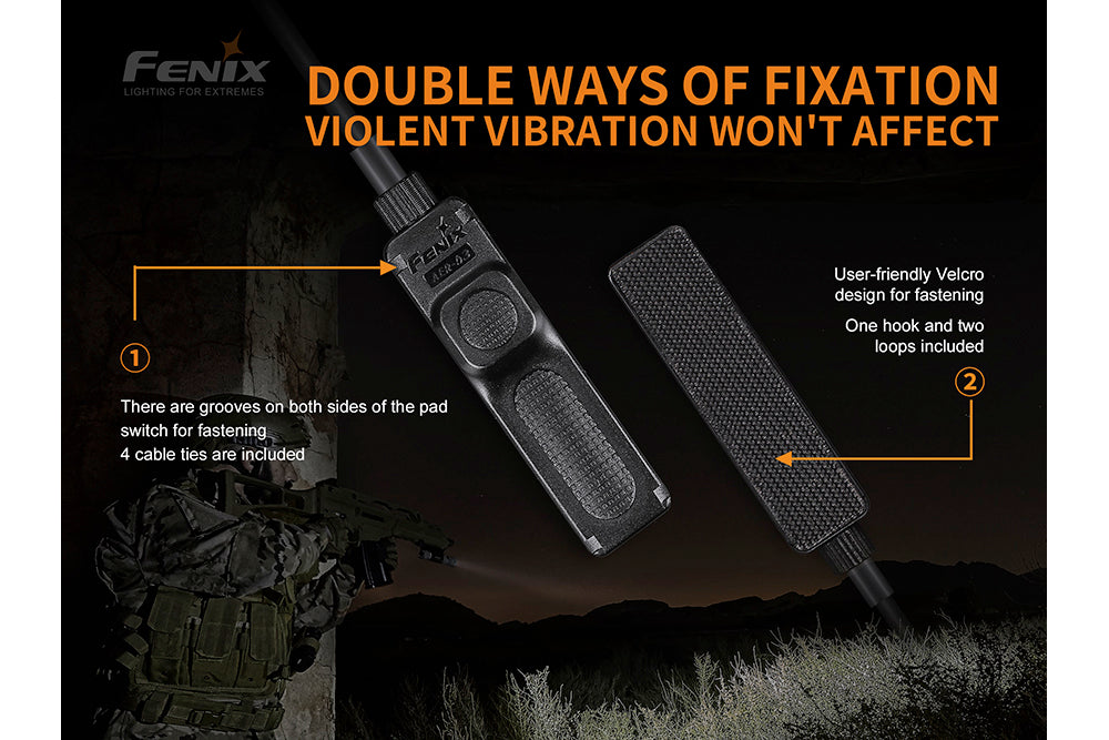 Text explaining the secure fit of the Fenix AER-03 V2 tactical remote pressure switch 