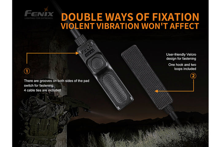 Text explaining the secure fit of the Fenix AER-03 V2 tactical remote pressure switch 