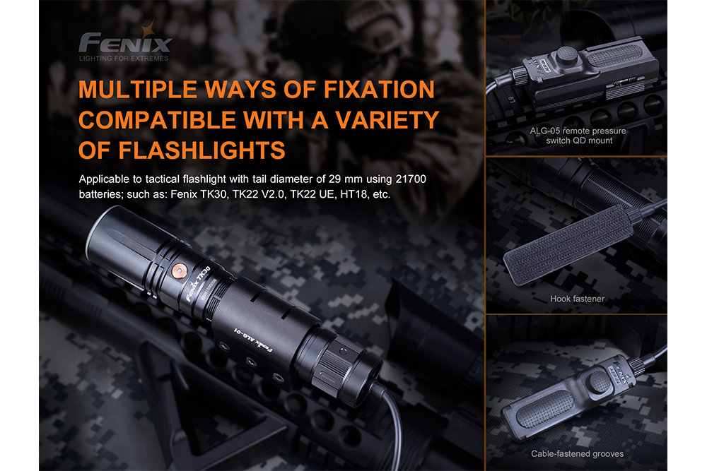 Several photos showing the different attachment options of the Fenix AER-04 Tactical Remote Switch 