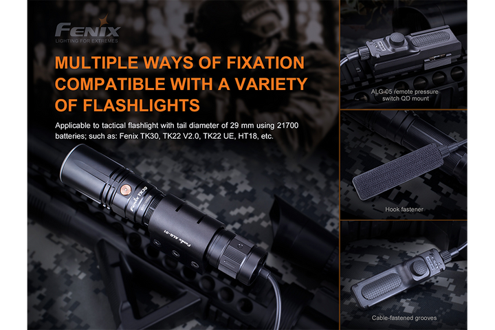 Several photos showing the different attachment options of the Fenix AER-04 Tactical Remote Switch 