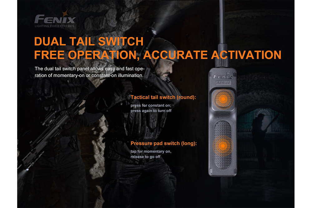 Graphics showing the two switches of the Fenix AER-04 Tactical Remote Switch 