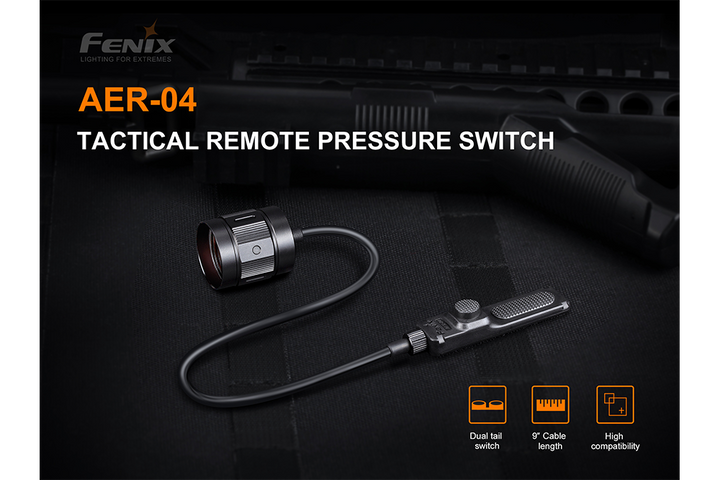Fenix AER-04 Tactical Remote Switch on black background with weapon in the background