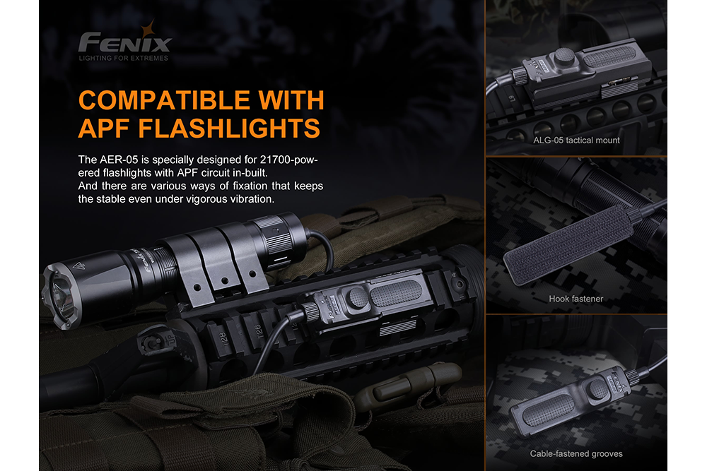 Several photos showing the Fenix AER-05 remote pressure switch from different angles with text explaining its compatibility with Fenix APF flashlights