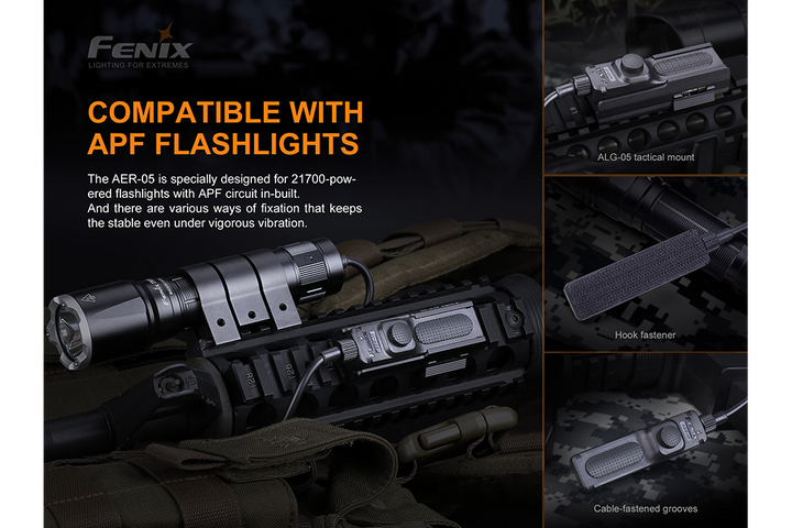 Several photos showing the Fenix AER-05 remote pressure switch from different angles with text explaining its compatibility with Fenix APF flashlights