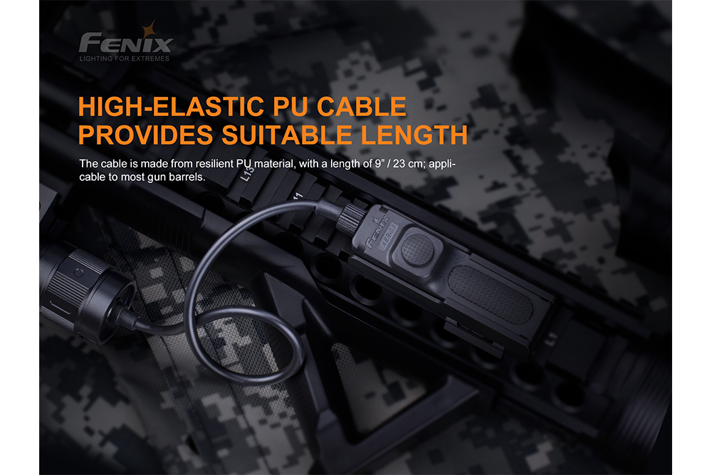 Fenix AER-05 remote pressure switch attached to a weapon with text explaining its durability