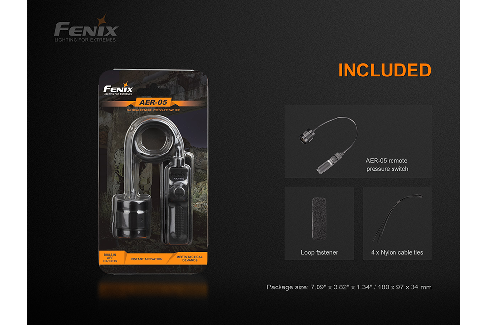 Fenix AER-05 remote pressure switch in its packaging with graphics showing the included pieces