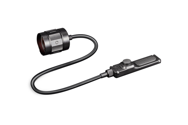 A black Fenix AER-05 remote pressure switch for flashlights with a cable and dual tactical switch panel.