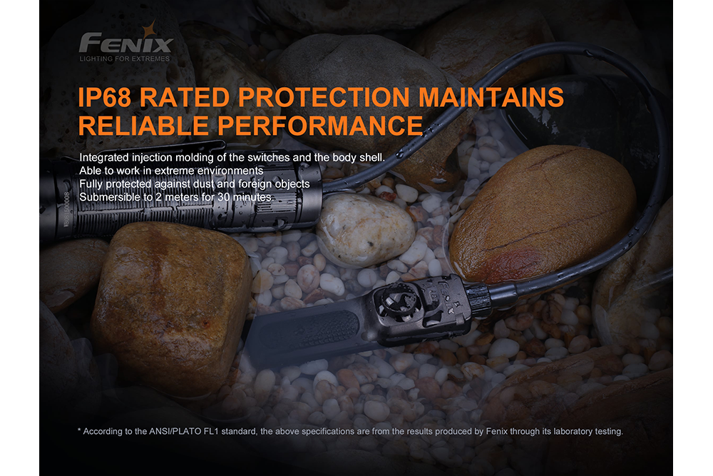 Fenix AER-05 remote pressure switch underwater with river stones around it