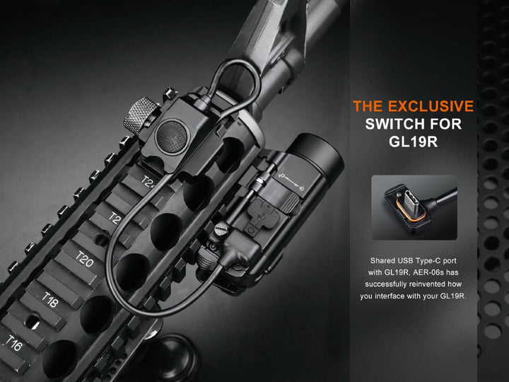 Fenix AER-06S Remote Switch attached to a weapon showing the USB-C switch