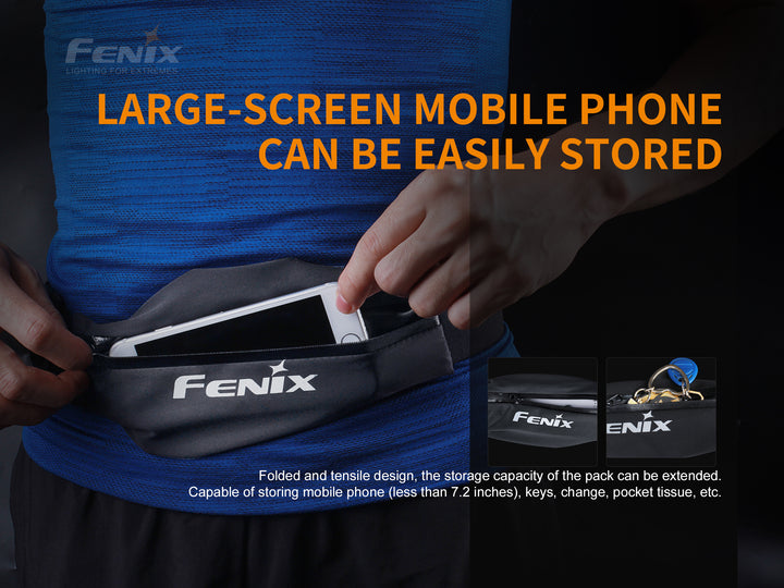 A person putting their phone into the Fenix AFB-10 Waist Pack 