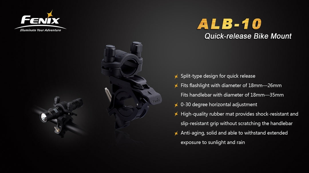 Fenix ALB-10 quick-release bike mount on black background with text