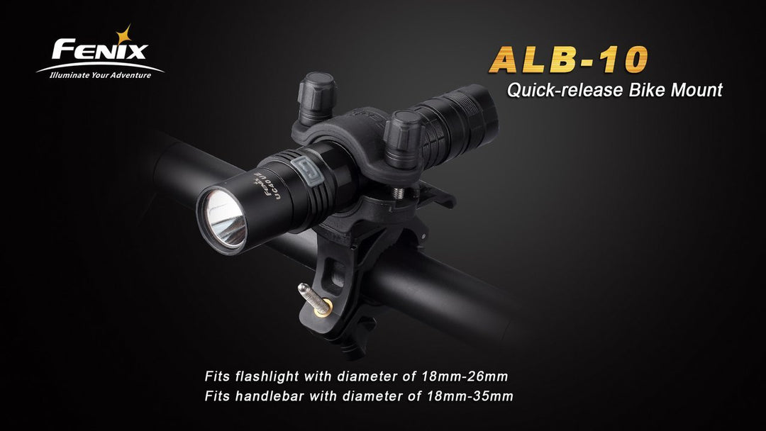 Fenix ALB-10 quick-release bike mount on bike handlebar with flashlight