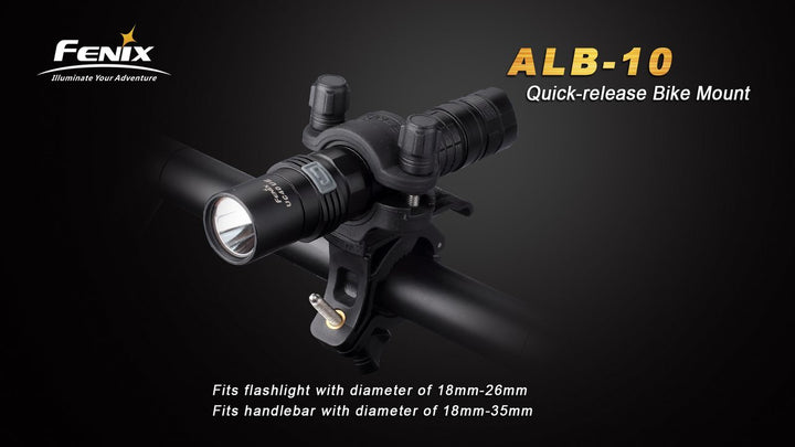 Fenix ALB-10 quick-release bike mount on bike handlebar with flashlight