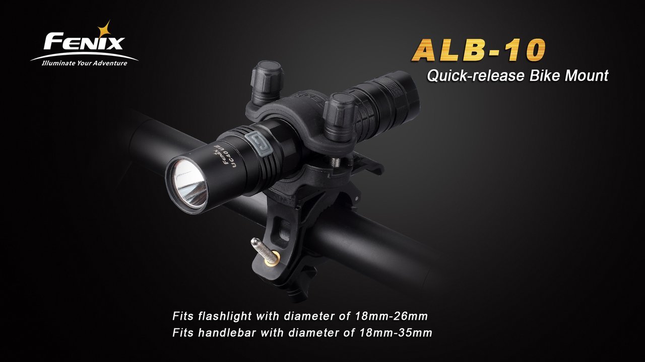 fenix alb-10 quick-release bike flashlight mount ALD-10 Quick Release with GoPro Mount Adapter 10 has a quick release system which allows you to mount and dismount your flashlight very quickly Fenix ALB-10 Quick-Release Bike Mount