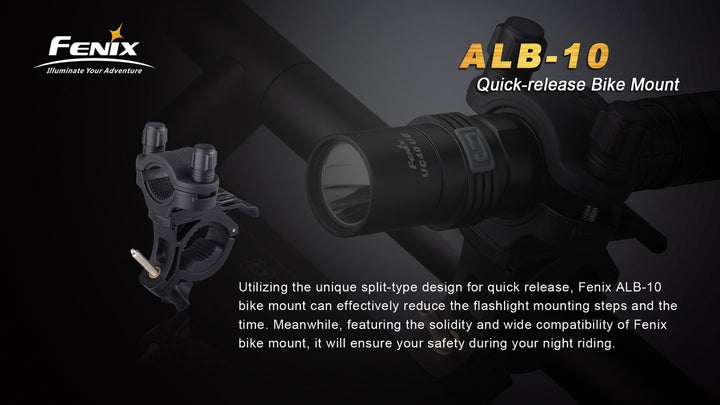 Fenix ALB-10 quick-release bike mount attached to handlebar with flashlight