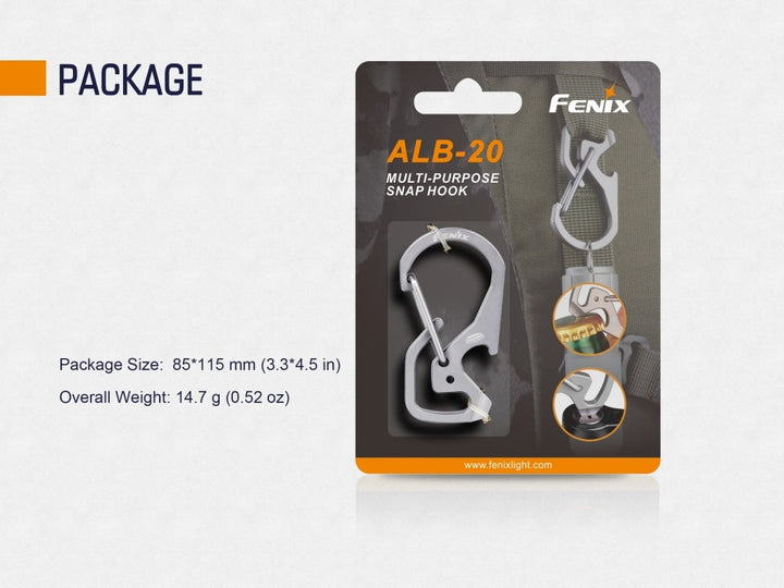 Fenix ALB-20 multi-purpose snap hook in package