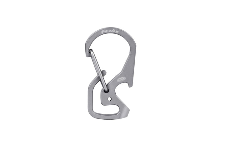 A silver-colored Fenix ALB-20 multi-purpose snap hook with a carabiner shape, featuring additional functionals such as a hanging hook, a bottle opener, and a straight screwdriver.
