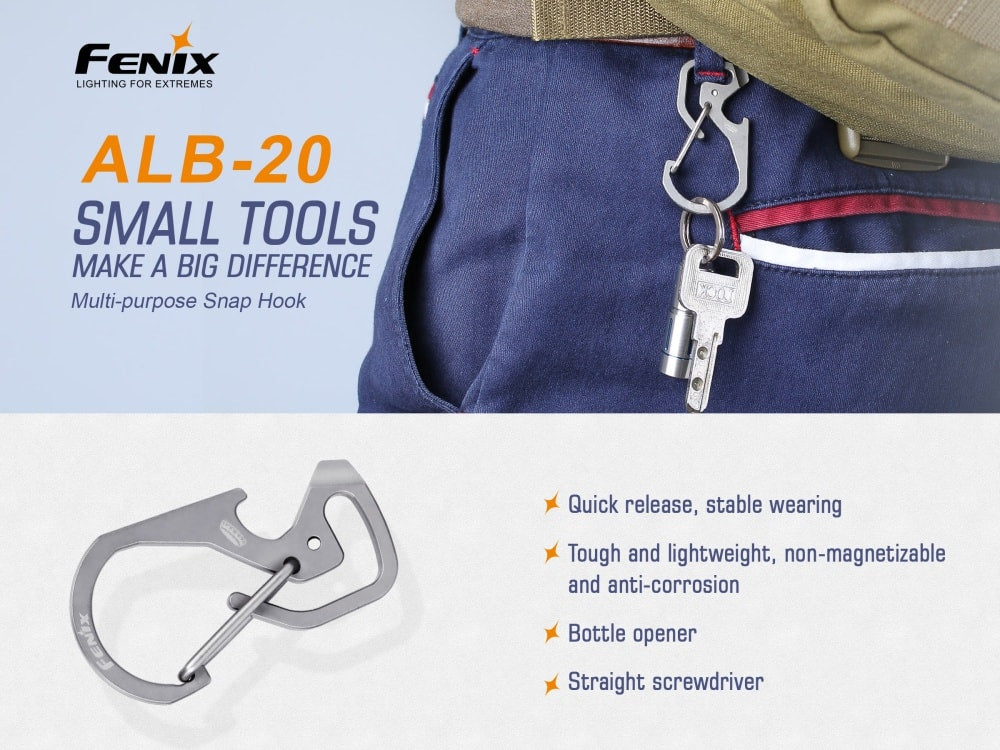 Fenix ALB-20 multi-purpose snap hook on a belt loop holding keys