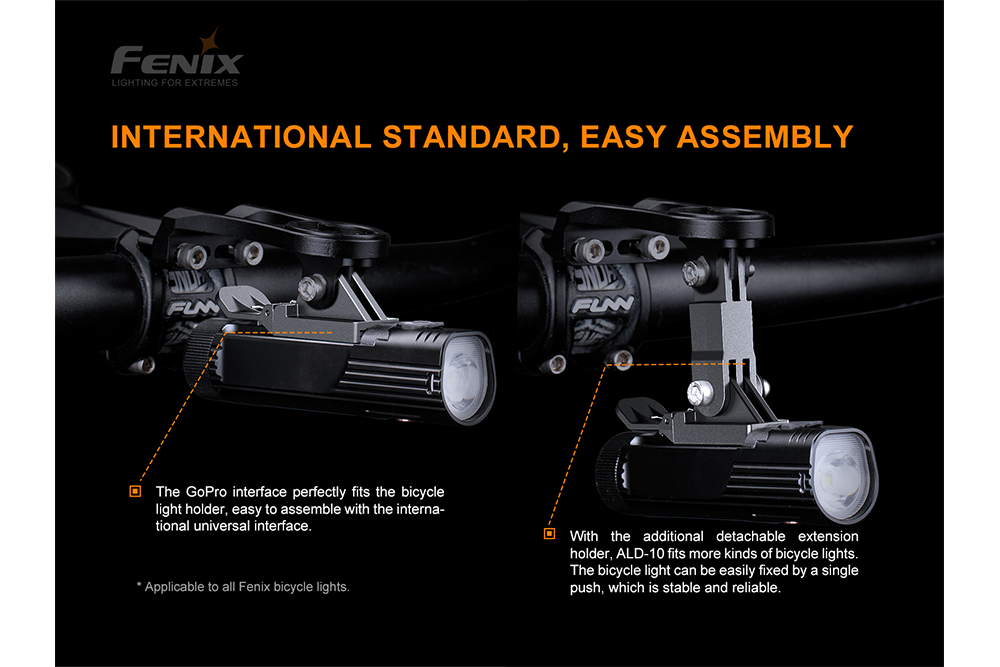 Fenix ALD-10 Bike Mount used in two positions with a flashlight attached